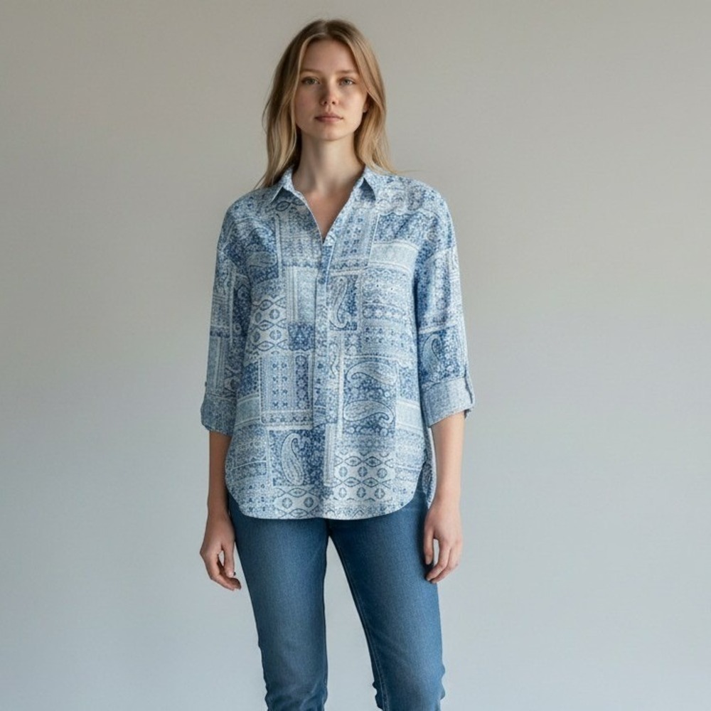 Gloria Vanderbilt Amanda Shirt Womens Medium Blue Button Up Paisley Boho Chic